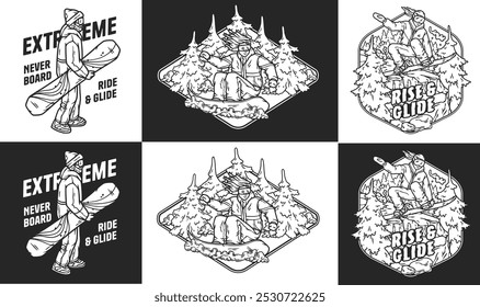 Set of monochrome illustrations featuring a snowboarder in different poses, surrounded by snowy pine trees, perfect for winter sports and adventure themes