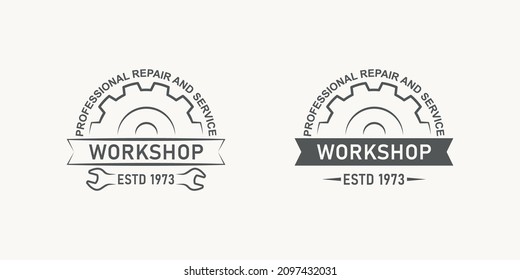 Set of monochrome illustrations of gear, wrench, tape with text on the background. Design element for emblem, sticker, label, badge. Vector illustration. Service and repair. Workshop.