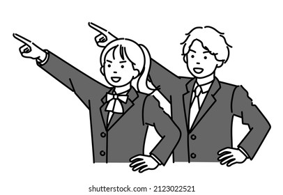 A set of monochrome illustrations of male and female students pointing towards a goal.Vector data for easy editing.