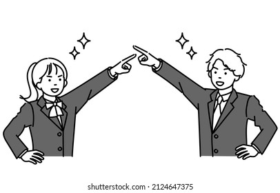 A set of monochrome illustrations of male and female students pointing towards a goal.Vector data for easy editing.