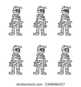 A set of monochrome illustrations of a simple mummy man of various expressions