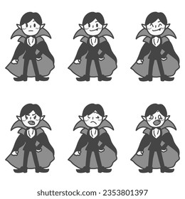 A set of monochrome illustrations of simply deformed Dracula with various expressions.