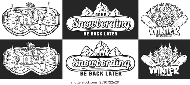 Set of monochrome illustrations with a snowboarder riding down the mountain seen through ski goggles, for winter sports advertisement