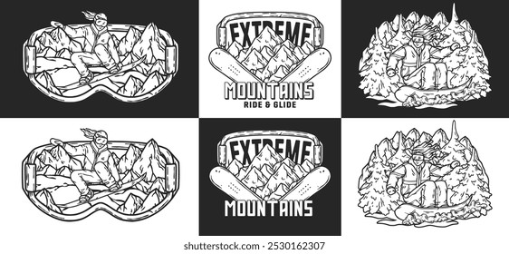 Set of monochrome illustrations with a snowboarder woman jumping from the mountain, perfect for winter sports emblems, badges and t shirt prints