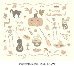  Conjunto de ilustraciones monocromáticas y pegatinas para Halloween