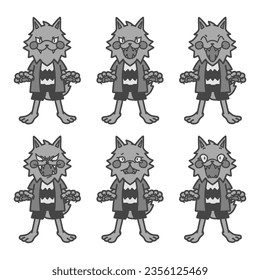 set of monochrome illustrations of werewolves in various expressions, cutely deformed.