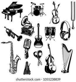 set of monochrome images musical instruments. pianos, drums, double bass, cello, violin, trumpet, gramophone, guitar, maracas, headphones, harp, metronome, metronome