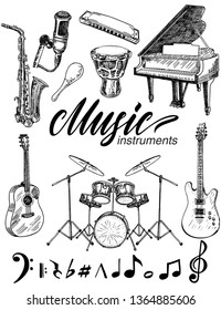 Set of monochrome images musical instruments. pianos, drums,  trumpet,  guitar, maracas, headphones. Sketch.