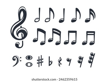 Set of monochrome images of musical notes, treble clef, bass clef, sharp, flat in a cute cartoon flat style.