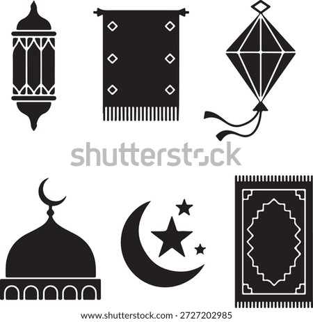 A set of monochrome Islamic and Ramadan themed icons, including traditional lanterns, prayer rugs, mosque elements, and celestial symbols.