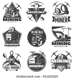 Set of monochrome isolated vintage mining industry labels with lorry twibills and different tools decorative images vector illustration 