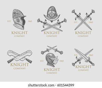 Set of monochrome knights emblems, badges, labels and logos medieval helmet, swords, mace, daggers shield antique vintage symbol , engraved hand drawn in sketch or wood cut style, old looking retro
