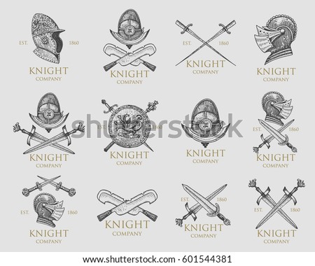 Set of monochrome knights emblems, badges, labels and logos medieval helmet, swords, mace, daggers shield antique vintage symbol , engraved hand drawn in sketch or wood cut style, old looking retro