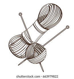 Set of monochrome knitting threads and clew with knitting needles. Illustration isolated on white background