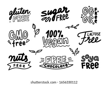 Set of Monochrome Labels for Allergen Products Free of Gmo, Chocolate, Sugar and Lactose, Nuts, Soya and Gluten. 100 Percent Vegan Food, Intolerance Allergic Symbols for Package. Vector Illustration