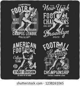 Set of the monochrome labels with the american football player. Illustrations with text compostitions. Ready designs for t-shirts, posters, greeting cards etc.