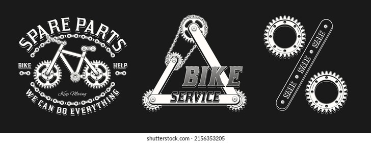 Set of monochrome labels for repair bicycle service in vintage steampunk style on a black background. Label made with gears, metal rails, rivets, bike chain. Vector illustration, t shirt design.