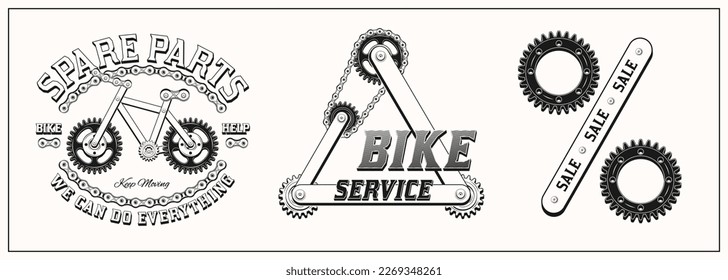 Set of monochrome labels for repair bicycle service in vintage steampunk style on a white background. Label made with gears, metal rails, rivets, bike chain. Vector illustration, t shirt design.