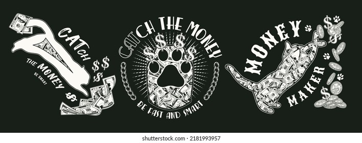 Set of monochrome labels with silhouette of cat, 100 US dollar bills, coins, cats paw, dollar sign, text. Creative concept for apparel, t shirt design on a black background.