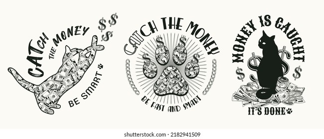 Set of monochrome labels with silhouette of cat, 100 US dollar bills, coins, cats paw footprint, dollar sign, text. Creative concept for apparel, t shirt design on a white background.