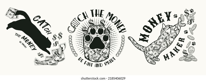 Set of monochrome labels with silhouette of cat, 100 US dollar bills, coins, cats paw, dollar sign, text. Creative concept for apparel, t shirt design on a white background.