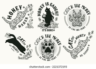 Set of monochrome labels with silhouette of cat, 100 US dollar bills, coins, cats paw, cats paw footprint, dollar sign, text. Emblem on a white background. Creative concept for apparel, t shirt design