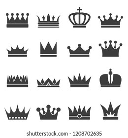 Set of monochrome lack crowns. Illustrations for luxury badges. Vector black crown for king, royal luxury vintage retro crown for prince or emperor