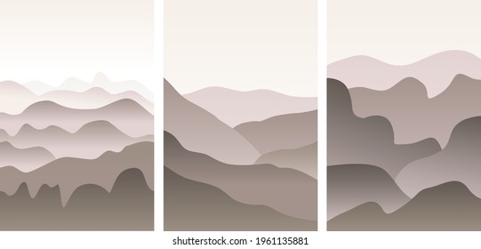 Set monochrome landscape with waves. Sun set sky. Warm grey and beige foggy mountains silhouette. Sandy desert dunes. Nature and ecology. Vertical orientation. For social media, post cards and posters