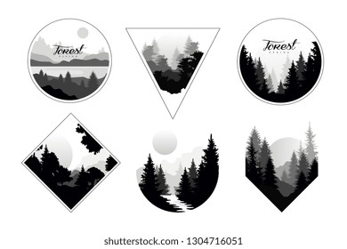 Set of monochrome landscapes in geometric shapes circle, triangle, rhombus. Natural sceneries with wild pine forests. Flat vector for company logo or camping logo