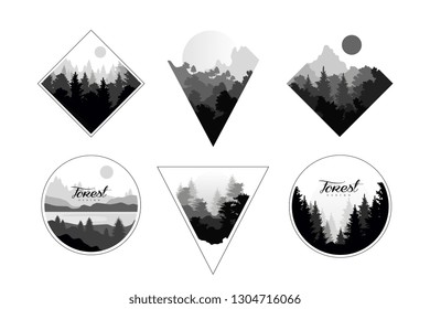 Set of monochrome landscapes in geometric shapes circle, triangle, rhombus. Natural sceneries with wild pine forests. Flat vector for company logo or camping logo