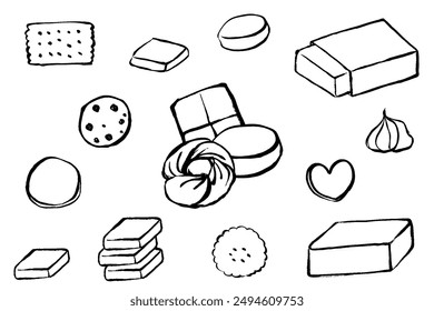 set of monochrome line drawing of cookie and butter with brush touch