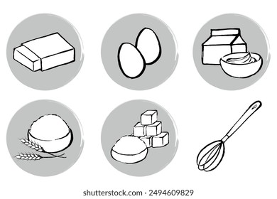 set of monochrome line drawing illustrations of materials for making sweets with a touch of brush.