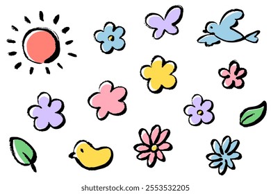 set of monochrome line drawing illustrations of cute items with brush touch