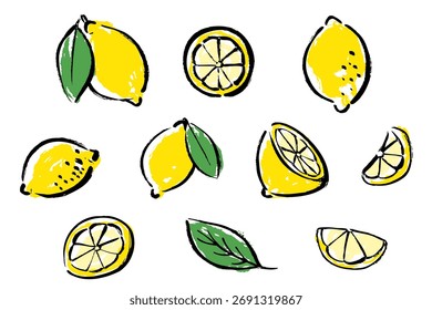 A set of monochrome line drawing vector illustrations of lemons with a brush stroke. A set of 10 illustrations, including whole lemons, sliced ​​lemons, and sliced ​​lemons.