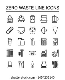 Set of monochrome line icons on the theme of Zero Waste lifestyle. Line icons with warious reusable or recyclable items isolated on white background.
