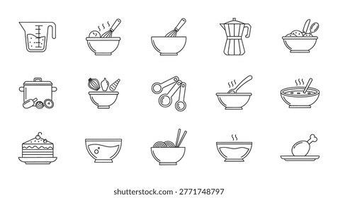 A set of monochrome line icons showcasing cooking elements like bowls, pots, utensils, and prepared foods.