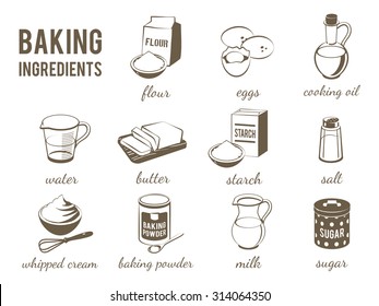 Set of monochrome, lineart food icons: baking ingredients - flour, eggs, oil, water, butter, starch, salt, whipped cream, baking powder, milk, sugar. Vector illustration, isolated on transparent background, eps 10.