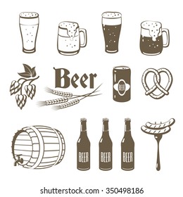 Set of monochrome lineart food icons: light and dark beer, mugs, bottles, hop cones, barley, keg, pretzel and sausages. Vector illustration, isolated on white, eps 10.