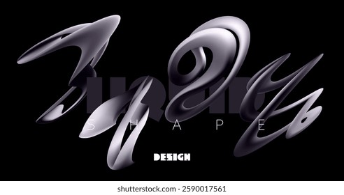 Set of monochrome liquid 3D shapes. Abstract dynamic lines of spiral tapes. Collection of elements for graphic design.
