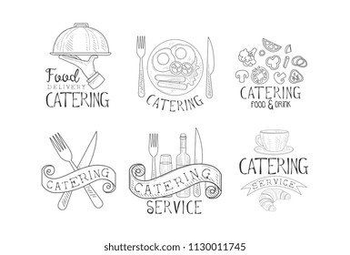 Set of monochrome logos for catering companies. Sketch emblems with food, drinks and cutlery. Vector for advertising poster or banner