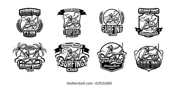 Set of monochrome logos, emblems, girl surfer. Surfing on the waves, the beach, weekend, extreme sport. Vector illustration.