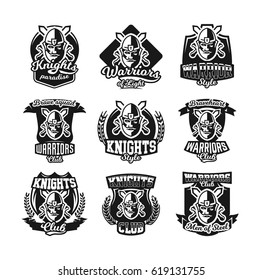 Set of monochrome logos, emblems, knight in helmet against the background of swords crosswise. Viking, barbarian, warrior, soldier, shield. Vector illustration