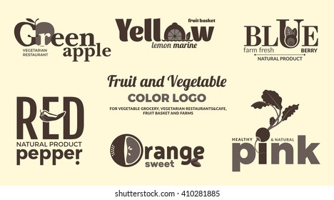 Set of monochrome logos on the theme of fruits and vegetables. For vegetable shops, vegetarian restaurants and cafes, delivery of fruit and vegetable farms. Vector Illustration.