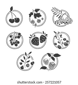 Set of monochrome logos, signs, badges, labels with berries and herbs. Template design. Cherries, blueberries, strawberries, gooseberries,rowan, currant, raspberry. Vector.