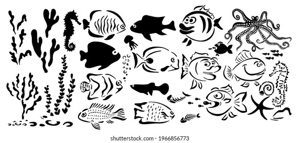 Set of monochrome marine life. Vector illustration of set of sea creatures