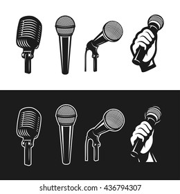 Set of monochrome microphones. Karaoke related design elements. Retro microphones minimalistic graphic set. Vector vintage illustration.