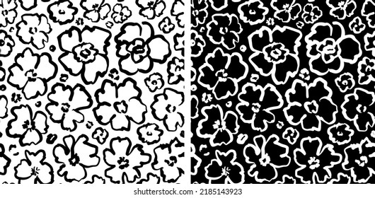 Set Of Monochrome Minimalistic Floral Seamless Repeat Pattern. Bundle Of Random Placed, Hand Drawn Vector Flowers All Over Surface Print In Black And White.