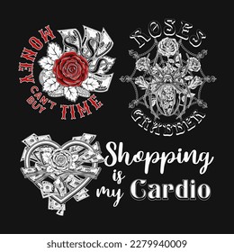 Set of monochrome money vintage labels with text. Fantasy, creative, meaningful, fancy concept of illustrations. Black background. For prints, clothing, apparel, tattoo, t shirt, surface design