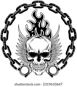 Set of monochrome motorcycle elements, skull, fire, wings, chain pattern, motorcycle pistons