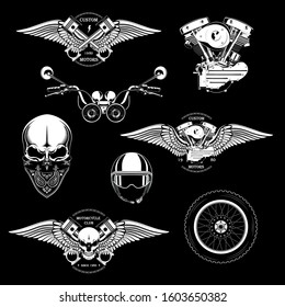 Set of monochrome motorcycle emblems with the image of a skull, wings, engine, pistons, motorcycle steering wheel, wheels.